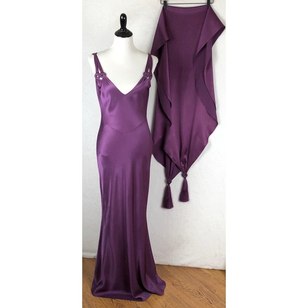 JOHN GALLIANO PARIS Bias Cut Gown + Tassel Scarf Sz 10 Purple Made in France EC - Picture 2 of 16